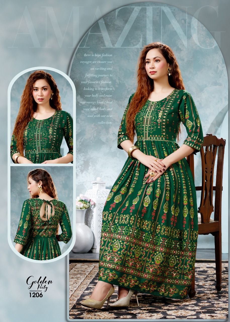 Beauty Queen Golden Party Ethnic Wear Rayon Printed Anarkali Long Kurti Collection